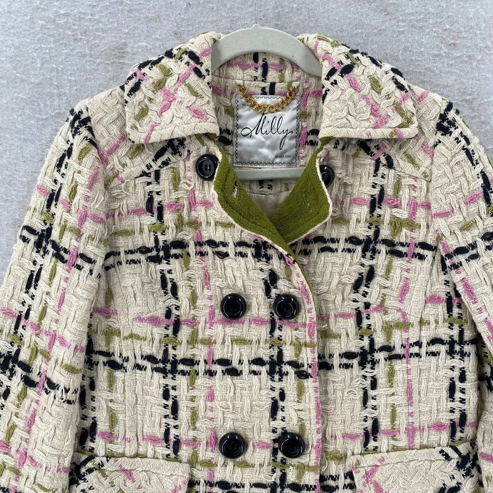 Milly of New York Tweed Pea Coat Womens Size‎ 0 Double Breasted Long Wool Jacket - Picture 3 of 14